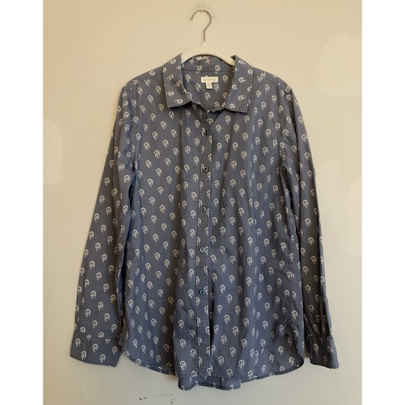 Garnet Hill 100% Organic Cotton Button Up Shirt 12 Women’s Blue Floral - Picture 1 of 9